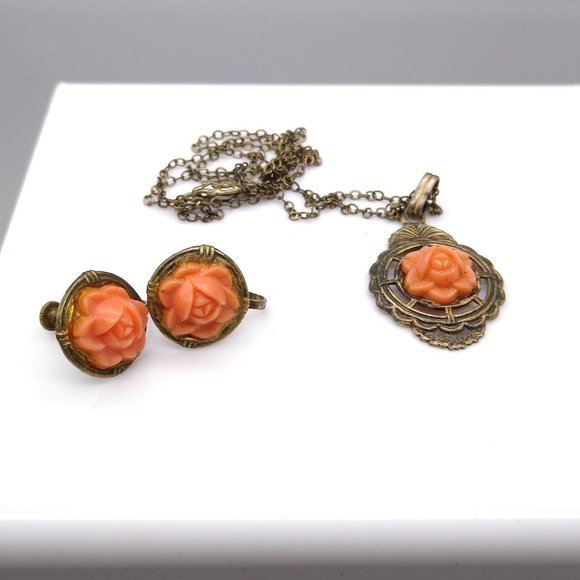 Vintage Celluloid Coral Carved Parure on Sterling Silver with Gold Wash Vermeil - Picture 2 of 8